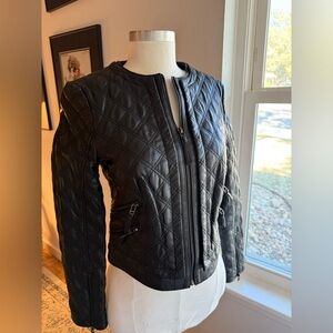 Zara Black Quilted Cropped Faux Leather Jacket with zipper details